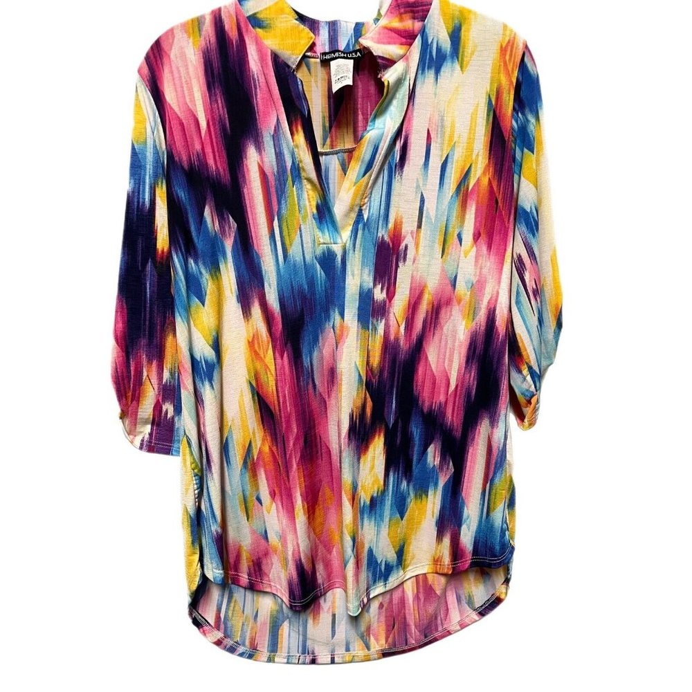 Heimish Womens Top‎ Small Gabby Tunic Pink Blue Yellow White 3/4 Sleeve Pleated